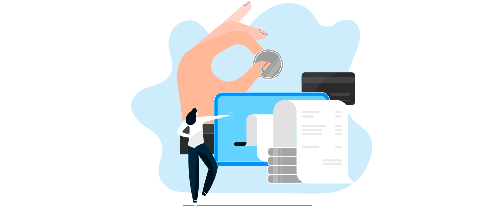 Ilustração mostra uma mulher de costas olhando uma forma gigante que representa as contas e entrada de dinheiro com moedas, um papel, um cartão de crédito preto e uma mão grande segurando uma moeda. 