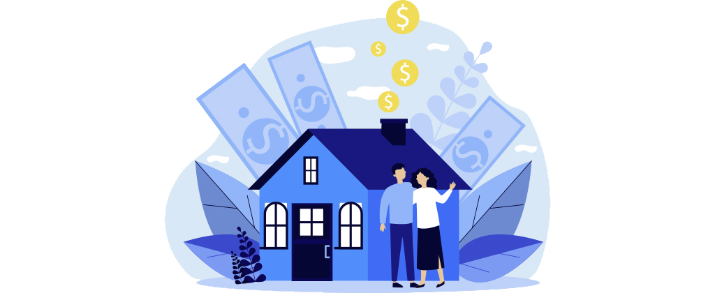 Ilustração mostra um homem e uma mulher em frente a uma casinha azul cercada de cédulas de dinheiro e moedas.