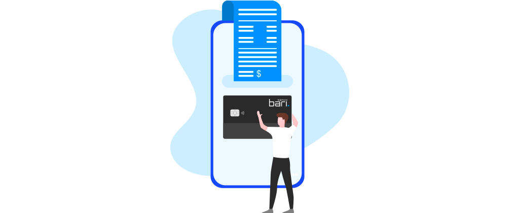 Ilustração mostra um humanoide de cabelos curtos castanhos, de blusa branca e calça preta, interagindo com um celular gigante onde aparece um cartão de crédito preto e uma nota de compras saindo pela parte superior do celular. 