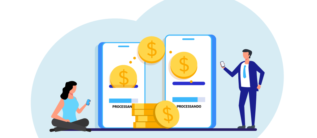 Ilustração de um homem de pé ao lado de um smartphone gigante, e uma mulher sentada ao lado de outro smartphone gigante. Os dois celulares estã o processando moedas, como se estivessem fazendo um pix de um para o outro