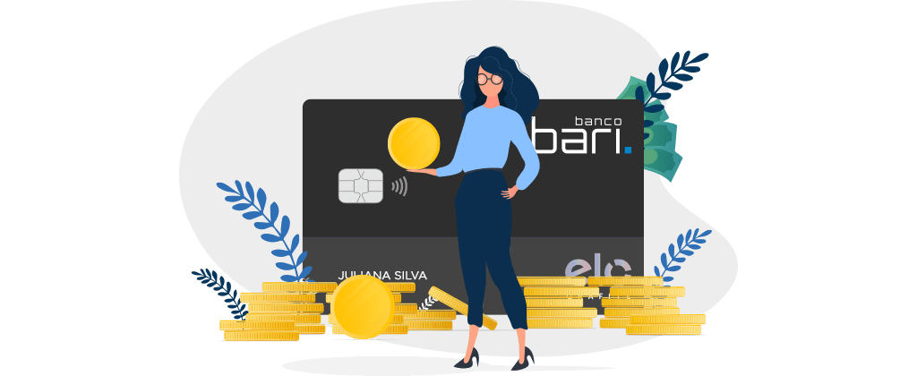 ilustração de cartão do banco bari com mulher segurando uma bola amarela simulando moedas