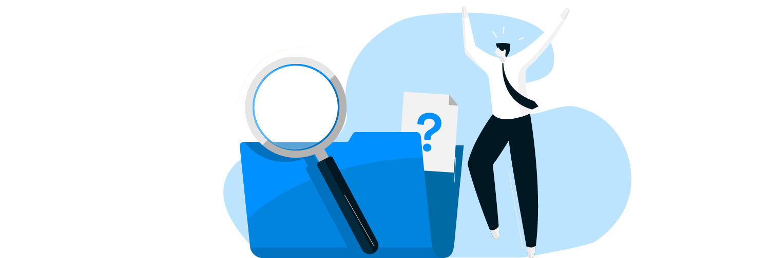 Ilustração de um homem olhando para documentos de imóveis em uma pasta virtual