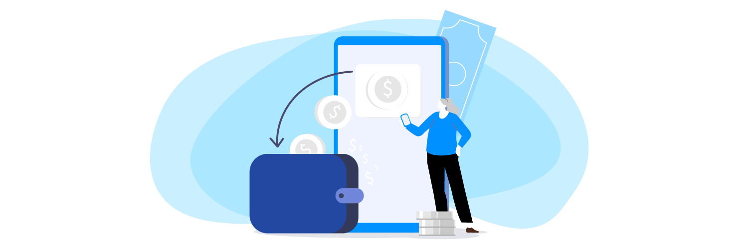 ilustração de mulher com carteira com uma moeda e celular, além de uma nota de dinheiro